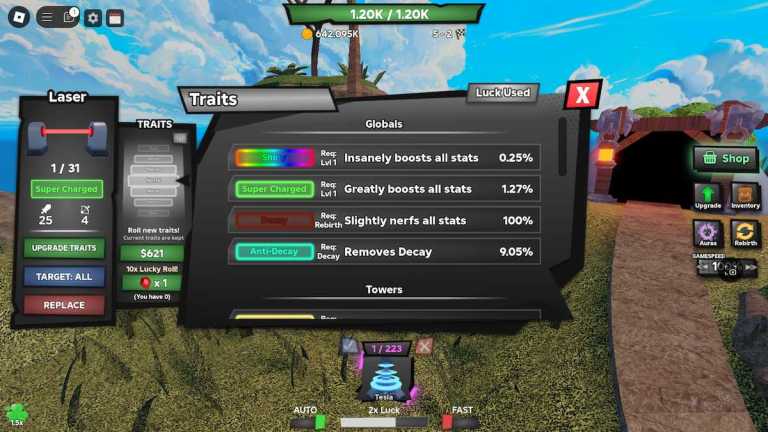 Tower Defense RNG Rasgos Lista de niveles y rerollas Guía