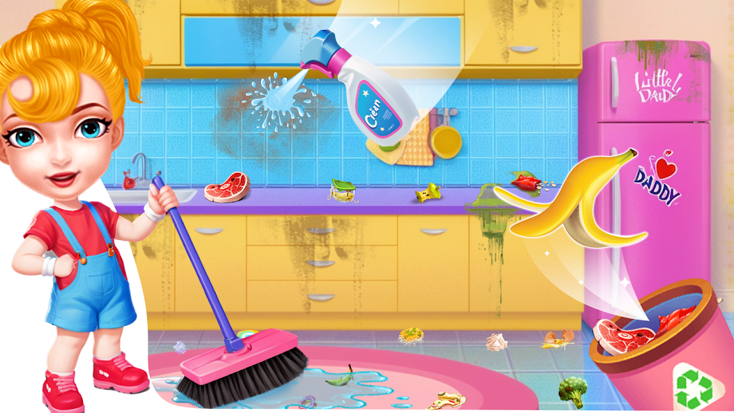 Girl home cleaning fun