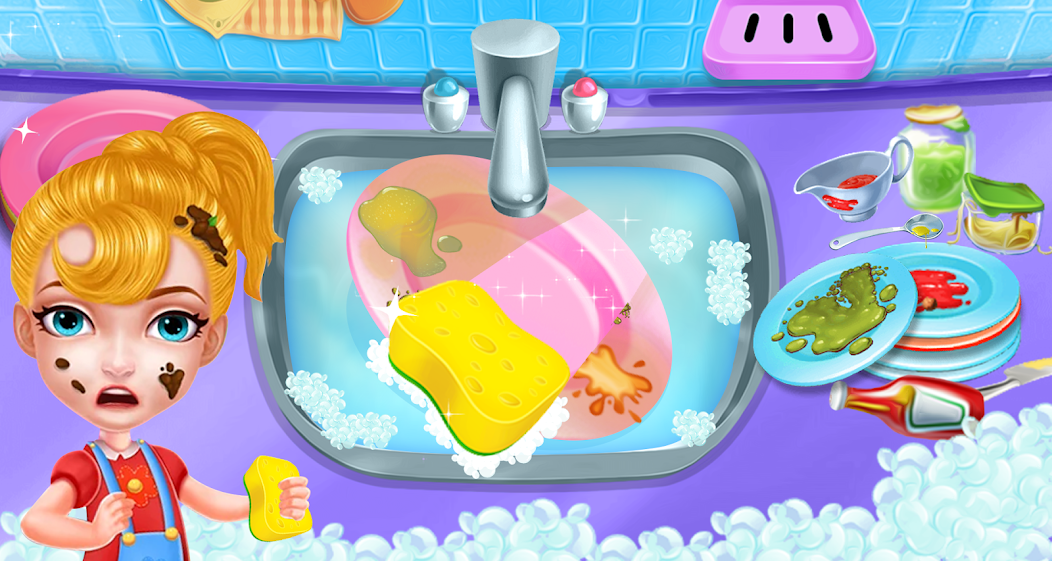 Girl home cleaning fun
