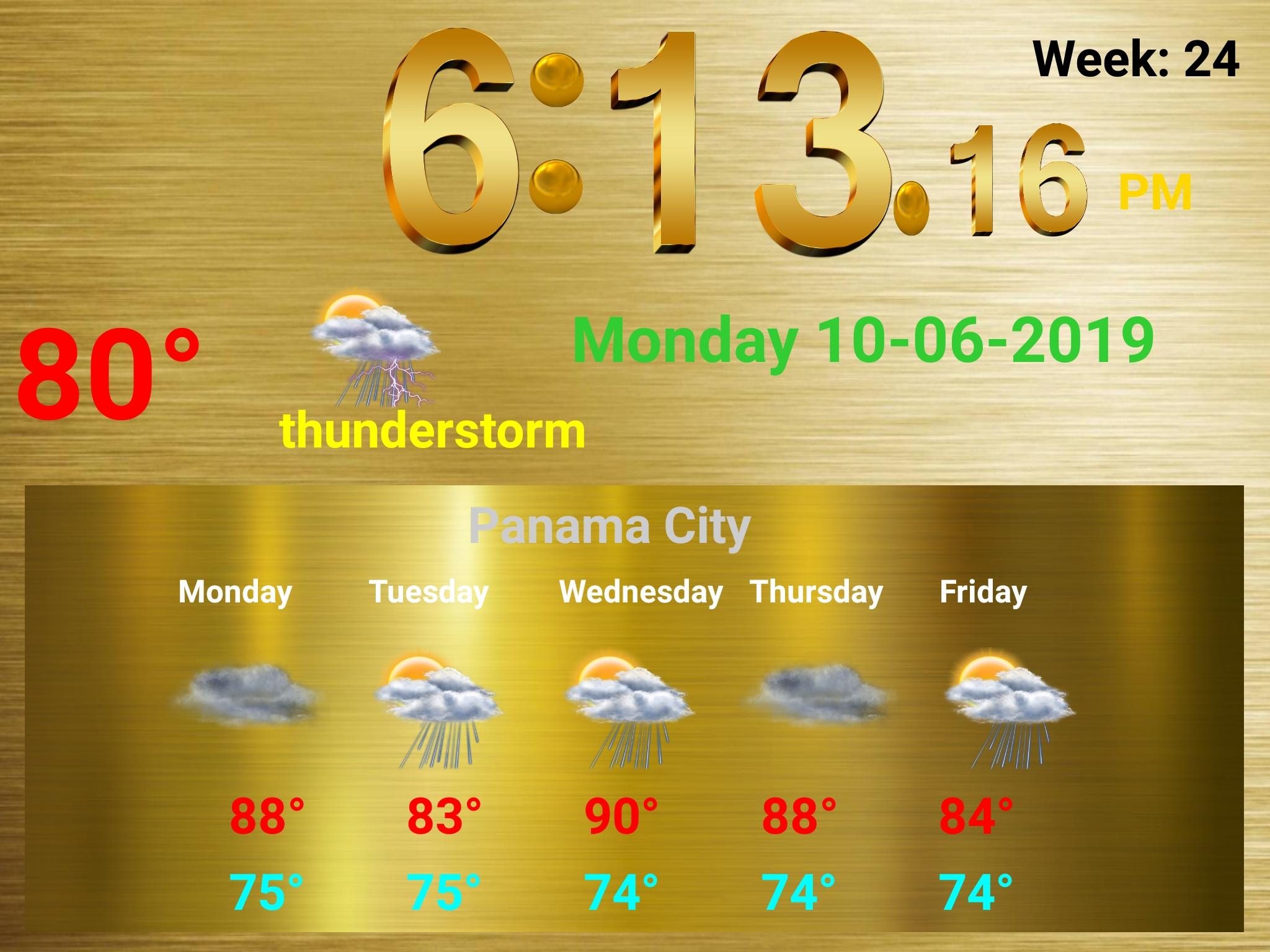 Full screen golden clock with weather